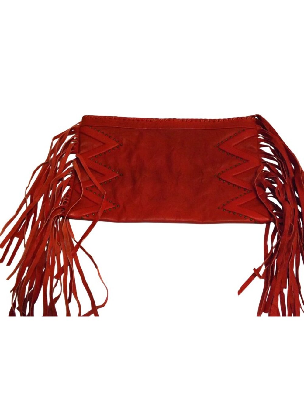 Cleobella Red Fringe Leather Clutch With Zigzag Studded Design